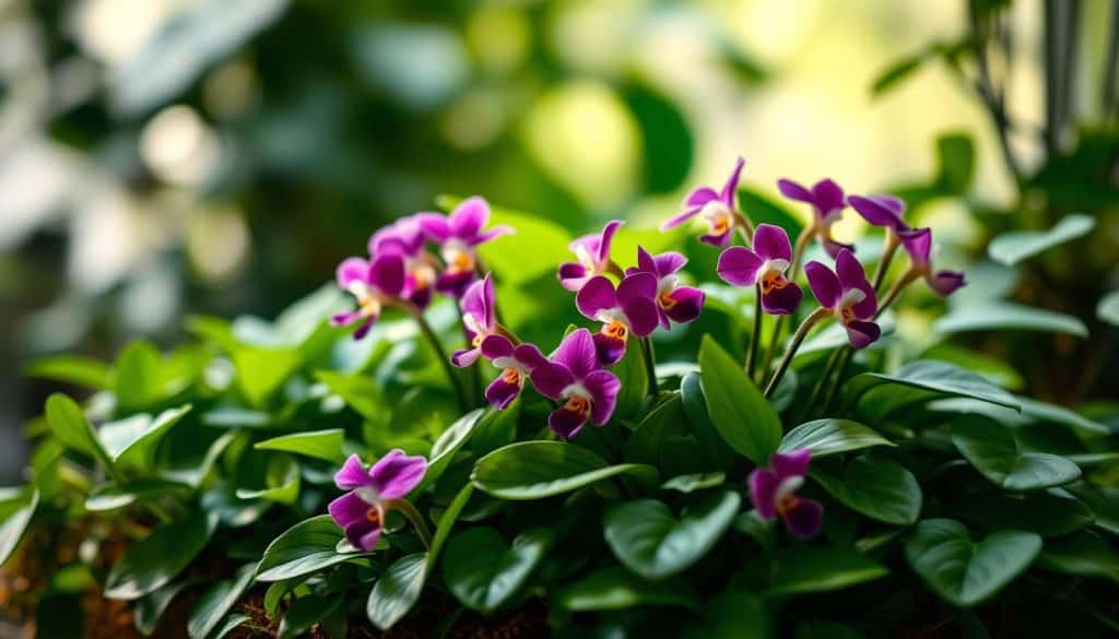 A lush, verdant scene depicting a cluster of vibrant Usambara violets, their velvety petals unfurling against a soft, diffused light. The flowers are nestled amidst a tidy arrangement of lush foliage, showcasing their distinctive heart-shaped leaves. The background is gently blurred, creating a sense of depth and focus on the delicate blooms. The overall composition is balanced and harmonious, conveying a serene, gentle mood. Subtle shadows and highlights accentuate the three-dimensional form of the plants, while a warm, natural color palette evokes the tranquility of a well-tended indoor garden.