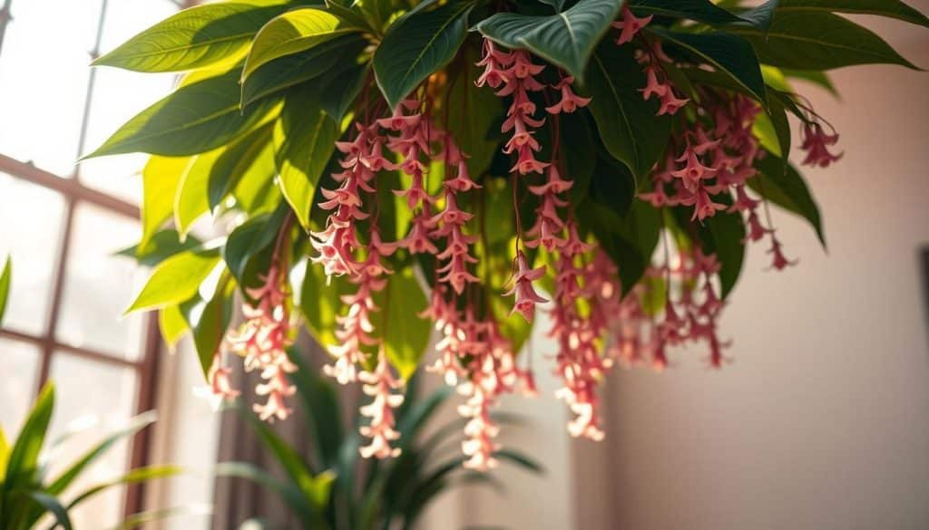 A lush, vibrant Medinilla Zimmerpflanze, its large, glossy leaves cascading in the soft, warm light of a sun-drenched indoor space. The plant's distinctive, pendant clusters of delicate, pink-tinged flowers seem to glow, their petals fluttering gently in a slight breeze. The scene is captured from a low angle, drawing the viewer's eye upwards to admire the plant's graceful, sculptural form. The background is blurred, creating a sense of depth and focus on the stunning, centerpiece Medinilla. Subtle shadows and highlights accentuate the plant's dimensional qualities, while a muted, earthy color palette evokes a sense of natural harmony.