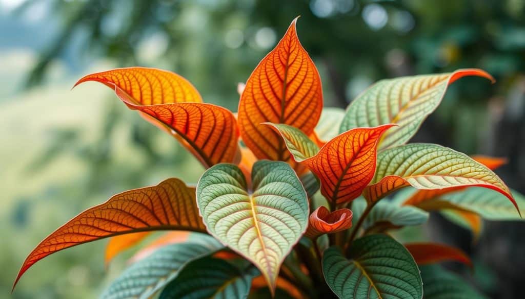 A lush, vibrant neoregelie plant in full bloom, its striking vermilion leaves unfurling gracefully against a serene, natural backdrop. The plant is captured in a close-up, high-resolution shot, with a soft, warm lighting that accentuates the intricate patterns and textures of the foliage. The image is composed with a shallow depth of field, gently blurring the background to create a sense of depth and focus on the central subject. The overall mood is one of tranquility and natural beauty, inviting the viewer to appreciate the captivating details and vibrant colors of this stunning neoregelie specimen.