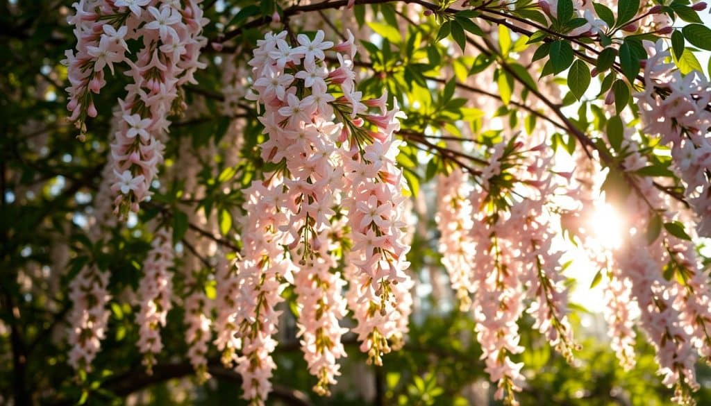 A lush, vibrant shrub in the height of its bloom, the "Seven Sons of Heaven" showcases its resplendent flowers in a glorious springtime display. Delicate petals in shades of white, pink, and lavender cascade from graceful branches, framed by verdant foliage. Sunlight filters through the canopy, casting a warm, inviting glow and highlighting the intricate details of the blooms. The composition captures the serene and enchanting atmosphere of this remarkable plant during its prime flowering season, inviting the viewer to immerse themselves in the sensory delights of nature's bounty.