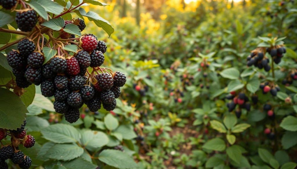 A lush, well-tended garden filled with a variety of thriving blackberry bushes. In the foreground, clusters of plump, ripe blackberries in shades of deep purple and black hang invitingly from the canes. The middle ground showcases the diversity of blackberry cultivars, with plants of differing heights, leaf shapes, and berry sizes. In the background, a backdrop of verdant foliage and a warm, golden afternoon sun creates a serene, natural atmosphere. The scene is captured with a medium-wide angle lens, highlighting the depth and richness of the garden. Soft, directional lighting emphasizes the textures and colors of the blackberries and their surroundings, conveying a sense of abundance and vibrancy.