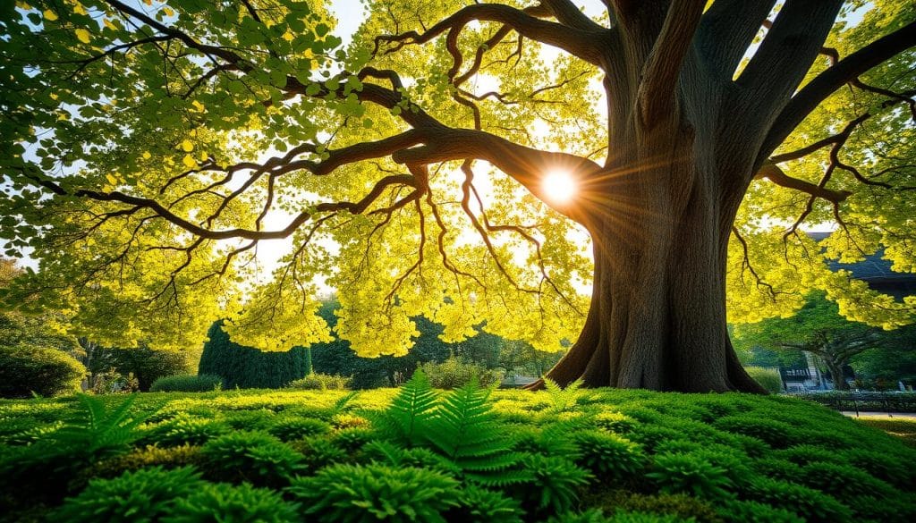 A majestic Ginkgo biloba tree stands in a tranquil garden, its fan-shaped leaves gently swaying in the soft breeze. The sun's warm rays filter through the delicate foliage, casting a golden glow upon the scene. The tree's graceful, ancient trunk rises up, symbolizing the passage of time and the tree's remarkable longevity. In the foreground, a lush carpet of verdant moss and ferns creates a serene, rejuvenating atmosphere. The overall composition evokes a sense of timelessness and a connection to nature's restorative powers, perfectly capturing the essence of the "Ginkgo-Baum: Förderung eines jungen Gedächtnisses" section.