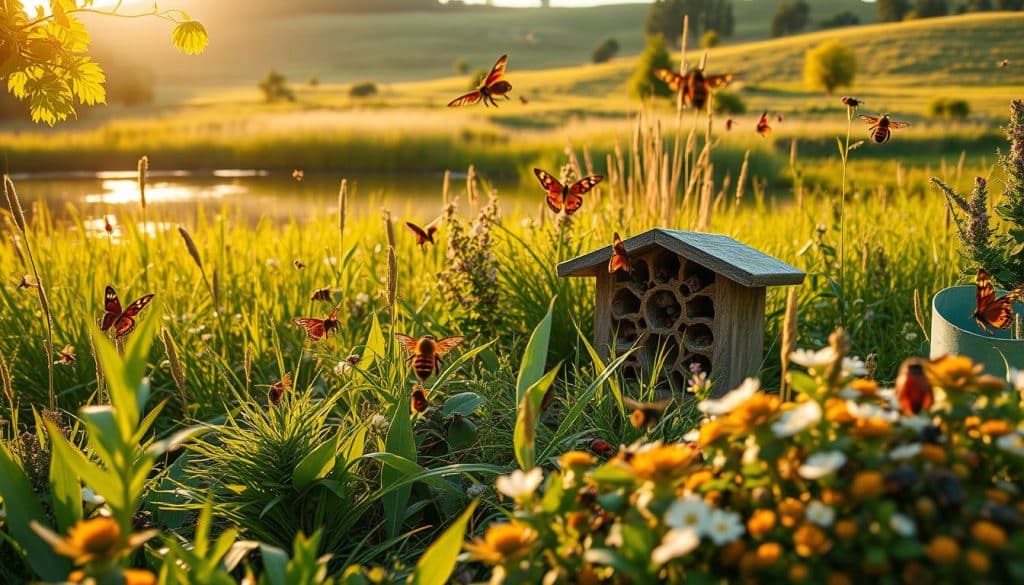 A natural landscape with lush greenery and a serene pond, bathed in warm, golden afternoon light. In the foreground, a variety of insects, including bees, butterflies, and ladybugs, hover around a well-designed insect hotel nestled among the vegetation. The hotel's intricate structure offers ample nooks and crevices for the insects to take shelter from potential predators. The middle ground features a variety of protective plants, such as tall grasses and flowering shrubs, creating a layered, verdant scene. In the background, a gently sloping hill with scattered trees provides a sense of depth and tranquility, conveying a safe haven for the diverse insect community.