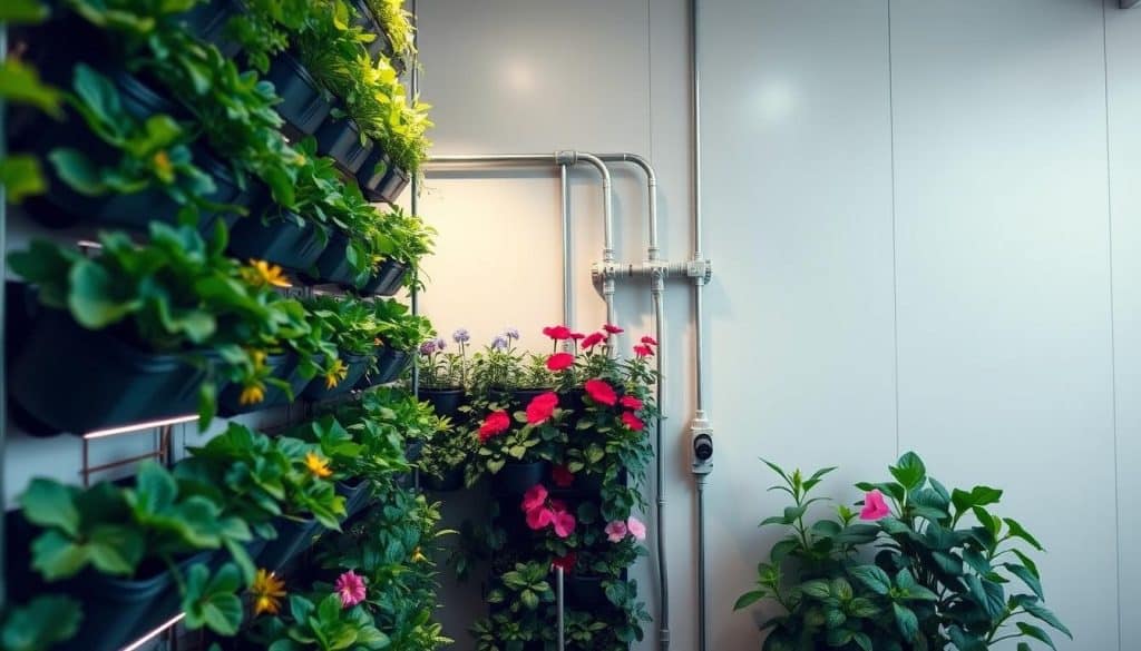 A neatly organized vertical garden with an automated watering system. In the foreground, a series of cascading planter boxes, their lush greenery and vibrant flowers illuminated by soft, diffused lighting. In the middle ground, a sleek and discreet irrigation system, its network of tubes and valves elegantly integrated into the garden's design. The background features a seamless, minimalist wall, accentuating the clean, modern aesthetic. The overall scene conveys a sense of harmony and efficiency, reflecting the technical advancements that enable this thriving, self-sustaining vertical garden. A wide-angle lens captures the full depth and scale of this carefully crafted horticultural oasis.