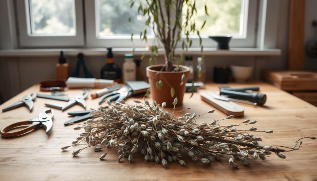 A neatly organized workbench in a bright, natural-lit studio. On the surface, an assortment of gardening tools - pruning shears, secateurs, and a small hand saw - arranged with care. In the foreground, a bundle of delicate willow catkins, their silvery-grey hues contrasting against the warm wood tones. The middle ground features a potted willow sapling, its slender branches cascading gently. The background is softly blurred, hinting at a tranquil outdoor scene - perhaps a lush, verdant garden or a serene woodland clearing. The overall mood is one of focused, mindful preparation, with a sense of reverence for the materials at hand.