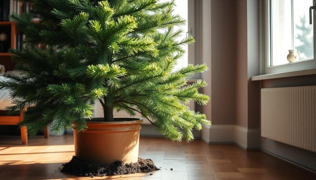 A potted Christmas tree, its lush green foliage contrasting against a warm, cozy interior. Sunlight filters through large windows, casting a soft glow on the scene. The tree's branches sag slightly, indicating signs of stress from being kept indoors, its growth stunted by the confines of the container. Soil mounds around the base, hinting at soil compaction and poor drainage. A few fallen needles litter the wooden floor, a subtle reminder of the care required to maintain a healthy indoor conifer. The overall mood is one of contemplation, inviting the viewer to consider the challenges of cultivating a Zimmertanne, or indoor Christmas tree, within the limited space of a home.