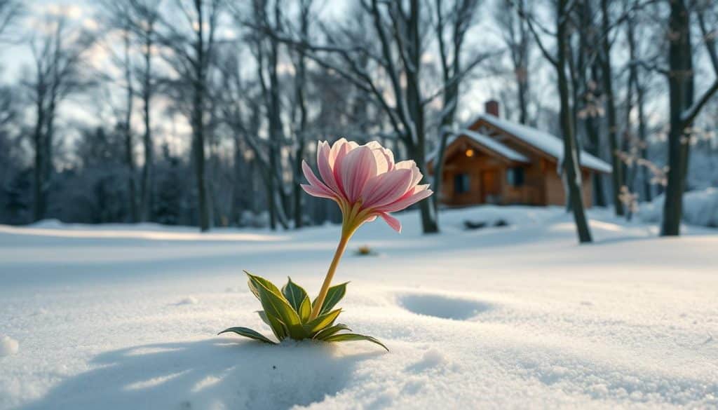 A serene winter landscape, with a vibrant Schönmalve plant taking center stage. The delicate petals are illuminated by soft, diffused natural lighting, casting gentle shadows on the snow-covered ground. In the background, a cozy, snow-dusted cabin nestled among bare, skeletal trees, conveying a sense of tranquility and solitude. The composition emphasizes the resilience and beauty of the Schönmalve, thriving even in the harshest of winter conditions. A cinematic, dreamlike atmosphere permeates the scene, captured with a wide-angle lens to accentuate the depth and scale of the environment.