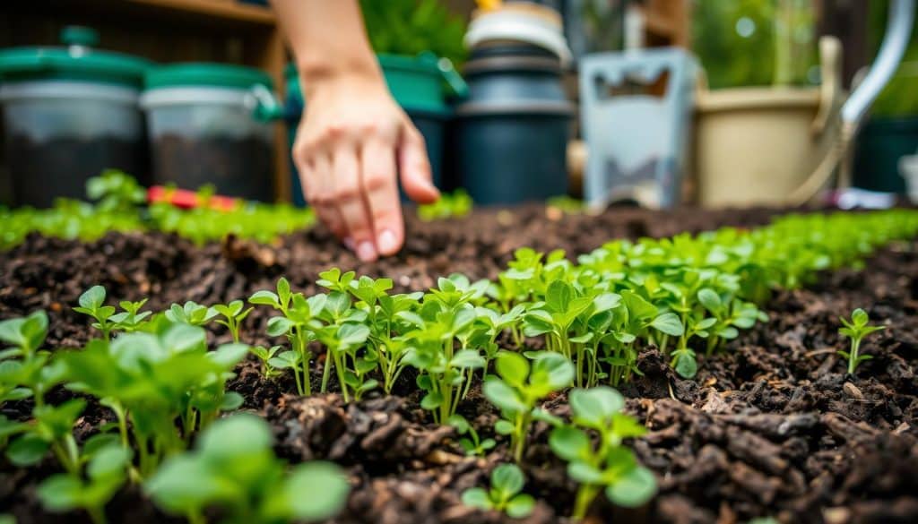 A simple, step-by-step tutorial on how to conduct a "Kressetest" to determine the ripeness of compost. In the foreground, a close-up shot of healthy, lush green cress seedlings sprouting from a rich, dark brown compost bed. The middle ground features a gardener's hand gently tending to the cress, while the background showcases a well-organized composting setup with various containers and tools. The lighting is soft and natural, highlighting the vibrant colors and textures of the scene. The overall mood is one of calm, focused diligence, conveying the importance of properly assessing compost maturity for successful gardening.