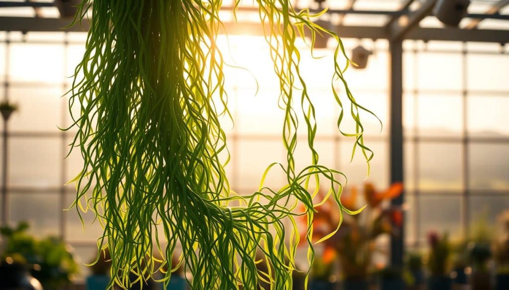 A stunning Gebetspflanze, its long, lush leaves cascading gracefully in the soft, warm light of a sun-dappled greenhouse. The plant's vibrant green hues are highlighted by carefully angled spotlights, casting gentle shadows that accentuate its intricate, sculptural form. The background is a blurred, dreamy landscape, hinting at the plant's natural habitat. The overall composition is balanced and serene, inviting the viewer to appreciate the beauty and tranquility of this captivating ornamental plant.
