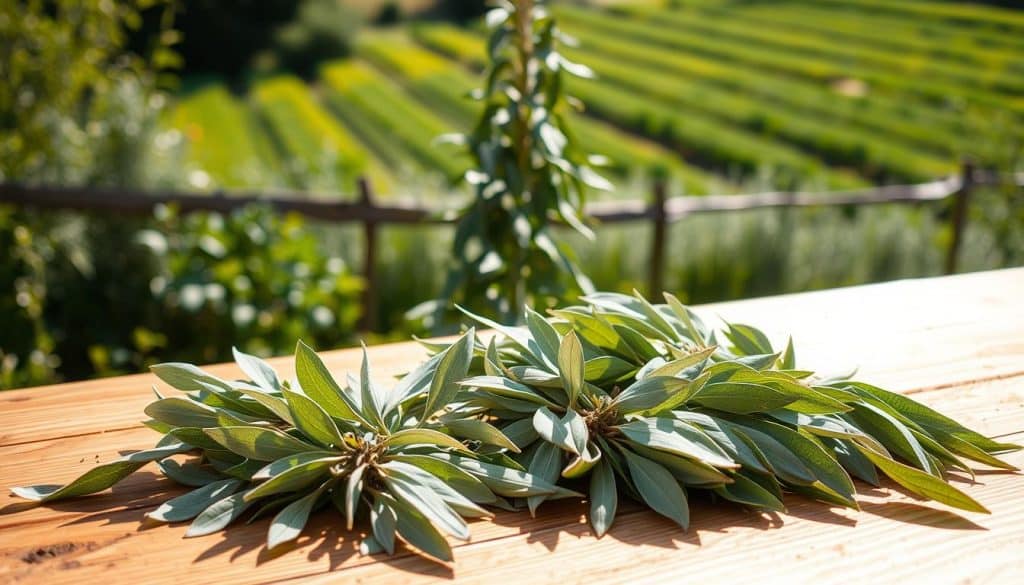 A sun-drenched garden setting, with a wooden table or surface in the foreground. On the table, neatly arranged bunches of freshly harvested sage leaves (Salbei) are laid out, their delicate, silvery-green hues contrasting with the warm, textured wood. Soft, diffused lighting filters through the leaves, casting gentle shadows and highlights. In the middle ground, a large, thriving sage plant stands tall, its broad, aromatic leaves swaying gently in a light breeze. The background features a lush, green landscape, perhaps with the suggestion of a charming rural setting or a well-tended herb garden. The overall atmosphere conveys a sense of tranquility, natural abundance, and the careful, mindful process of harvesting and drying this distinctive culinary herb.