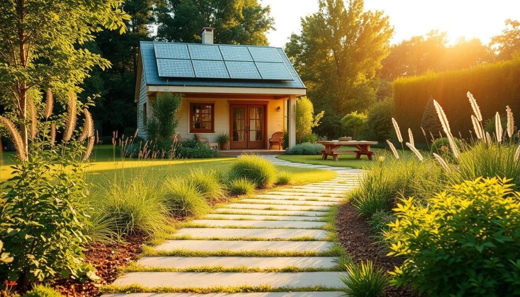 A tranquil garden setting with a charming solar-powered garden house nestled among lush greenery. The house is bathed in warm, golden sunlight, its roof adorned with sleek solar panels that harness the sun's energy. In the foreground, a well-designed and eco-friendly in-floor heating system is seamlessly integrated into the garden path, radiating gentle warmth. The overall scene exudes a sense of sustainability, harmony, and a connection to nature, perfectly encapsulating the essence of "Nachhaltige Lösungen: Solar- und Fußbodenheizung".