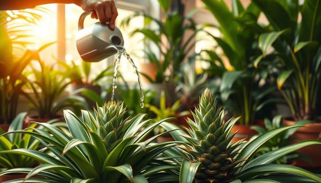 A verdant, sunlit indoor garden setting. In the foreground, a lush Zierananas plant, its vibrant green leaves and spiky rosette elegantly displayed. A gardener's hands gently pour water from a watering can, nourishing the plant. The middle ground features other potted tropical plants, their varied foliage creating a harmonious, jungle-like ambiance. The background shows warm, diffused natural light filtering through large windows, casting a soft glow over the scene. The image conveys a sense of tranquility, care, and the joyful experience of tending to these unique pineapple-like houseplants.