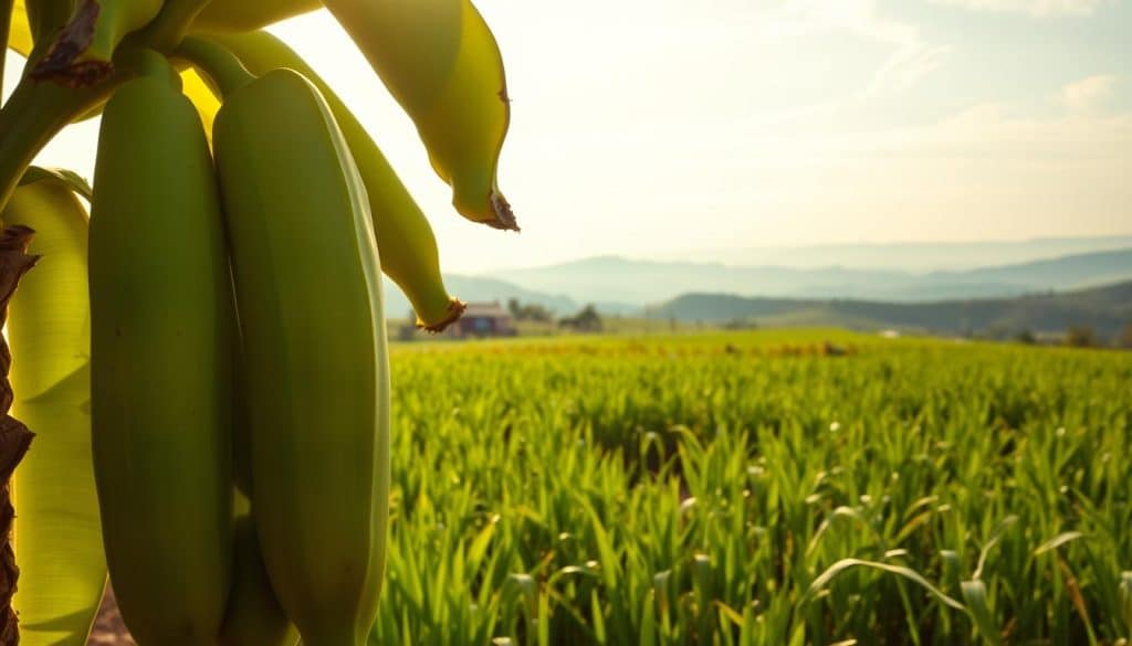 A verdant tableau of lush green bananas, their curved forms casting long shadows against a warm, earthy backdrop. The sunlight filters through wispy clouds, casting a soft, golden glow upon the scene. In the foreground, the bananas stand tall, their waxy skins glistening with a hint of moisture. The middle ground reveals a verdant field of tall grasses, their blades swaying gently in a light breeze. In the distance, a hazy outline of rolling hills and a clear, azure sky create a sense of tranquility and depth. This image conveys the myth of the harmlessness of unripe, green bananas, inviting the viewer to challenge preconceived notions and explore the nuances of this common fruit.
