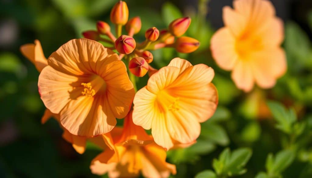 A vibrant and captivating close-up photograph of the Achimenes Hybriden flower, showcasing its delicate, bell-shaped blossoms in a range of warm, earthy tones. The flowers are illuminated by soft, natural lighting, creating a sense of depth and dimension. The background is slightly blurred, allowing the viewer to focus on the intricate details of the petals and the plant's lush, green foliage. The overall composition is balanced and visually striking, perfectly capturing the beauty and elegance of this popular hybrid variety of the Schiefteller plant.