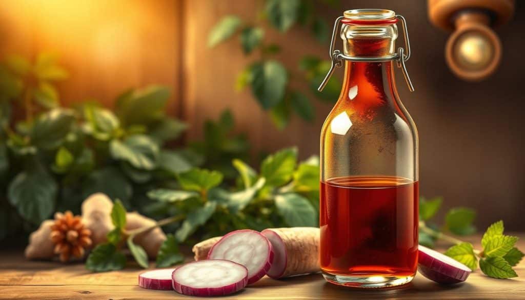 A vibrant and detailed digital painting depicting the health benefits of homemade black radish cough syrup. In the foreground, a delicate glass bottle filled with a deep amber liquid, accompanied by freshly sliced black radish roots. The middle ground showcases lush greenery, with leafy sprigs of herbs and spices, such as ginger and honey, symbolizing the natural ingredients. The background features a warm, cozy atmosphere, with soft lighting casting a golden glow, highlighting the soothing and restorative qualities of the homemade remedy. The overall scene conveys a sense of rustic elegance and the inherent wellness properties of this homemade cough syrup.