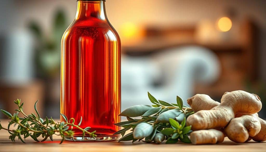 A vibrant and visually appealing glass bottle filled with a rich, amber-colored liquid, representing an effective homemade cough syrup. The bottle is illuminated by soft, warm lighting, casting gentle shadows and highlights that accentuate the natural hues and textures of the ingredients. In the foreground, a selection of fresh herbs, such as thyme, sage, and ginger, are artfully arranged, hinting at the natural, herbal properties of the syrup. The background features a blurred, cozy domestic setting, suggesting the homemade, artisanal nature of the remedy. The overall composition and styling convey a sense of natural, wholesome efficacy, perfectly complementing the section title "Zusätzliche Zutaten für einen wirksameren Hustensaft".