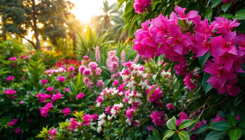 A vibrant array of Schamblumen (Bougainvillea) in a lush, tropical garden. The foreground showcases an assortment of these flamboyant flowers, their delicate bracts in shades of pink, purple, and white, cascading gracefully against a backdrop of dense, verdant foliage. The middle ground features a variety of Schamblumen species, each with its own unique form and hue, creating a captivating tapestry of color and texture. In the background, a warm, diffused natural light filters through the canopy, casting a soft, golden glow over the scene and enhancing the overall sense of tranquility and abundance. The composition invites the viewer to immerse themselves in the rich diversity and beauty of this remarkable plant genus.