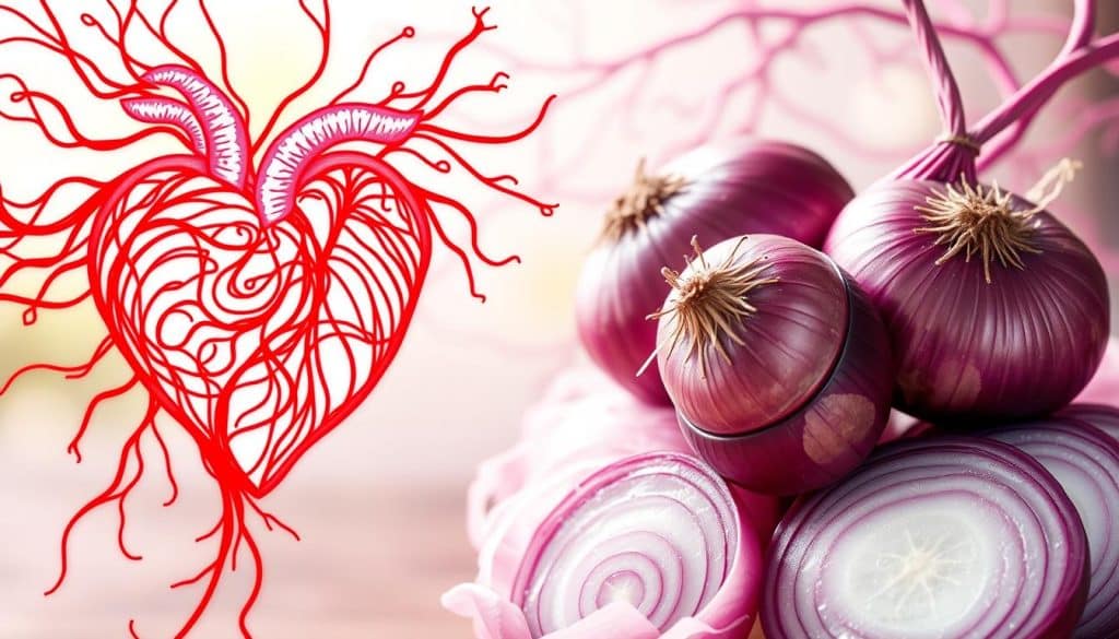 A vibrant, detailed image showcasing the influence of onions on heart health. In the foreground, a stylized heart made of intricate red and pink lines pulsates with energy, surrounded by a swirling array of sliced onion rings. The midground features a cluster of whole, freshly harvested onions in various shades of purple and white, their layers glistening under soft, natural lighting. In the background, a hazy, atmospheric depiction of the human circulatory system weaves through the composition, highlighting the cardiovascular benefits of this humble vegetable. The overall mood is one of vitality, balance, and the power of nature to nourish and sustain the body.