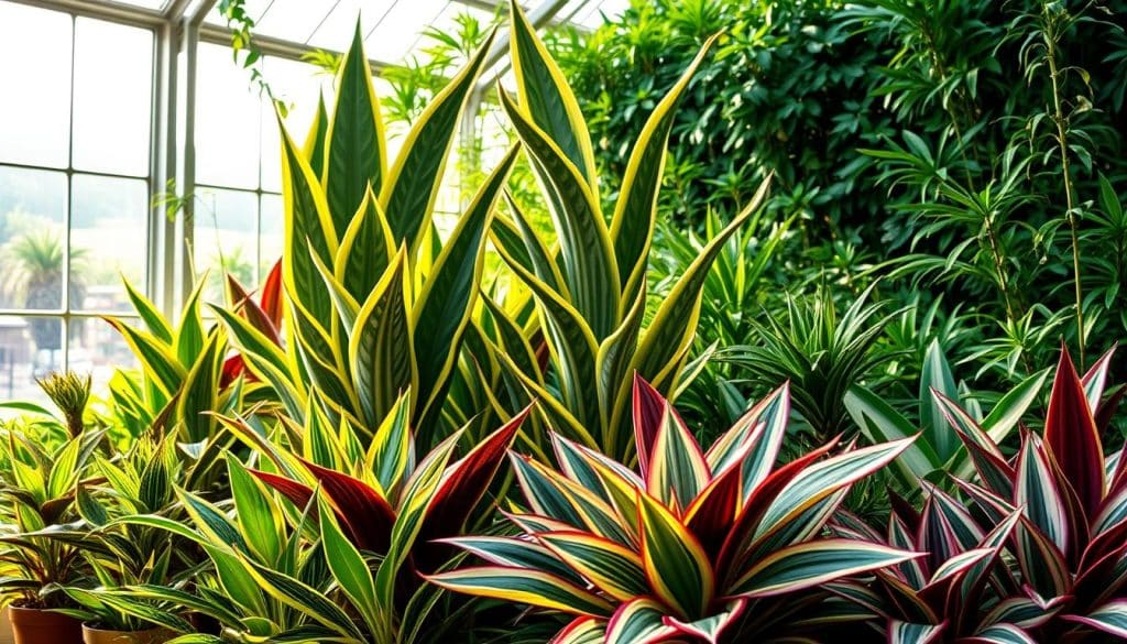 A vibrant display of Zebrakraut (Zebra plant) varieties, showcasing their diverse foliage and colors. A lush, tropical greenhouse-like setting, with warm, diffused lighting filtering through large windows. Tall, towering Zebrakraut specimens in the middle ground, their distinctive striped leaves casting dynamic shadows. In the foreground, a cluster of smaller Zebrakraut plants, their leaves in shades of green, purple, and white, creating a captivating visual tapestry. The background features a blurred, verdant backdrop, hinting at the plant's natural habitat. The overall scene conveys a sense of natural abundance and the wondrous diversity of this intriguing houseplant species.