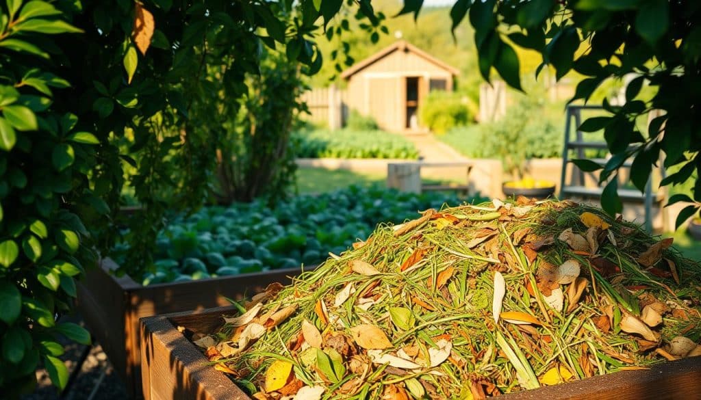A vibrant garden composting scene captured in warm afternoon light. In the foreground, a wooden bin overflows with a colorful mix of fallen leaves, grass clippings, and vegetable scraps. Lush greenery frames the scene, creating a natural, earthy atmosphere. The middle ground reveals a flourishing vegetable patch, hinting at the cycle of growth and decay. In the background, a rustic shed stands as a testament to the gardener's dedication. The composition conveys a sense of harmony and sustainability, inviting the viewer to participate in the joys of composting garden waste.