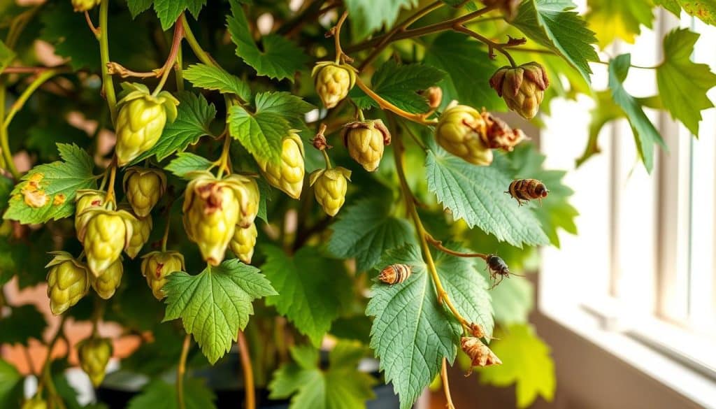 A vibrant indoor potted hop plant, its leaves and vines showcasing various fungal diseases and pest infestations. In the foreground, close-up views of discolored, spotted, and deformed hop leaves and stems. In the middle ground, the overall plant structure is visible, with signs of decay and distress. The background is softly blurred, allowing the viewer to focus on the pathological details. Warm, natural lighting casts subtle shadows, emphasizing the textures and imperfections. The composition highlights the challenges of growing healthy Humulus lupulus indoors, conveying a sense of concern and the need for vigilant care.