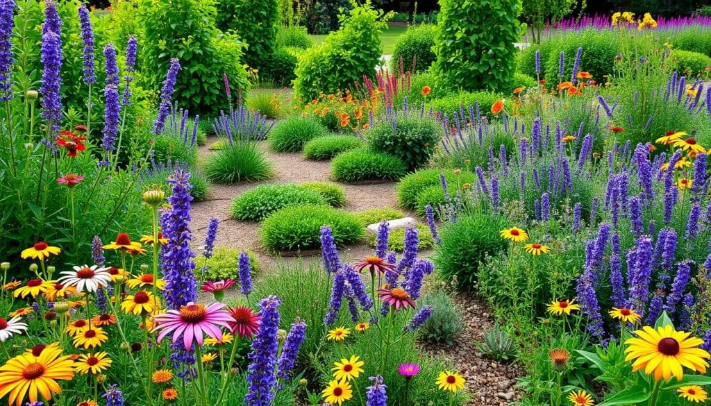 A vibrant, insect-friendly garden bed with a lush mix of flowering plants and greenery. The foreground showcases a colorful array of native wildflowers, including echinacea, lavender, and black-eyed susans, attracting a diverse array of pollinators. The middle ground features a meandering path through low-growing, drought-tolerant groundcovers like sedum and thyme, creating a naturalistic, textured landscape. In the background, a backdrop of verdant, leafy shrubs and small trees provides a sense of depth and sanctuary for visiting insects. Warm, diffused sunlight filters through the scene, creating a welcoming, tranquil atmosphere ideal for observing the active insect life.