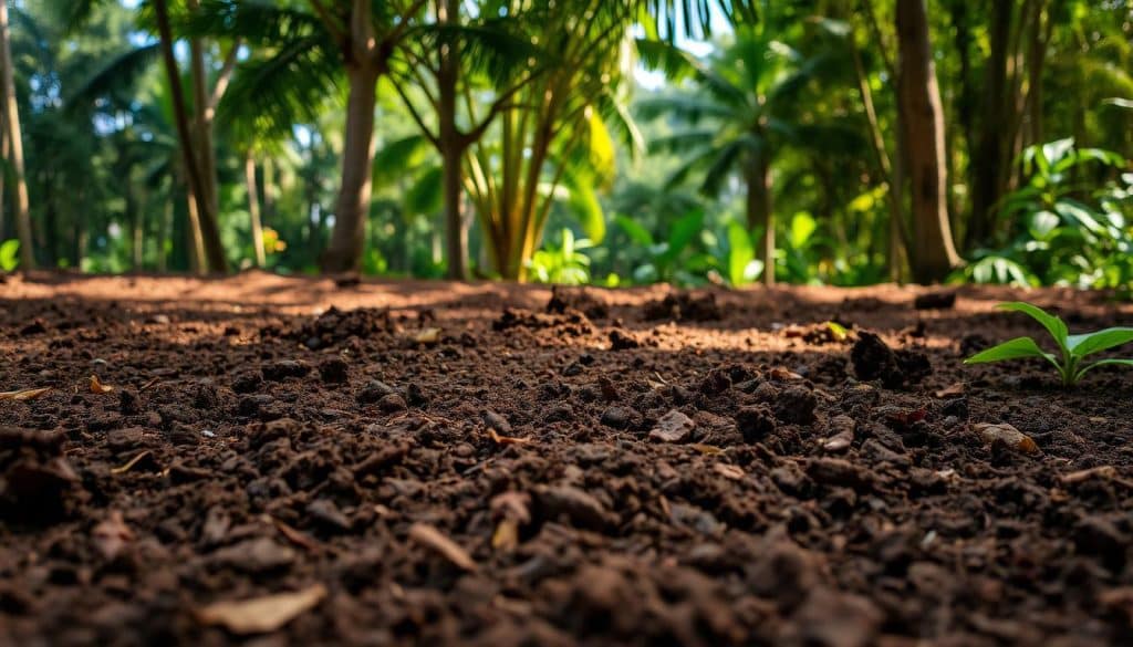 A vibrant soil landscape, showcasing the diverse textures and hues of the ground in a lush, tropical setting. The foreground features a rich, earthy terrain dotted with fallen leaves and organic matter, hinting at the fertility and vitality of the soil. In the middle ground, a dynamic interplay of light and shadow reveals the intricate patterns and structures of the soil, with subtle variations in color and texture. The background immerses the viewer in a verdant, jungle-like environment, with towering trees and verdant foliage casting a warm, dappled light across the scene. The overall mood is one of abundant life and growth, reflecting the ideal conditions for the cultivation of the Madagaskar-Kranzschlinge.