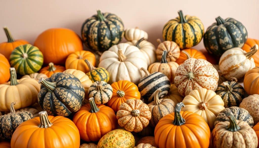 A vibrant still life of assorted decorative gourds and pumpkins, photographed against a neutral backdrop with gentle side lighting to highlight their unique textures and vivid colors. The foreground features a variety of shapes, sizes and hues - from smooth, spherical orange pumpkins to ridged, warty gourds in shades of green, yellow and brown. The middle ground showcases a diverse array of striped, speckled and warty specimens, while the background is a soft, blurred expanse allowing the produce to take center stage. The overall mood is one of autumnal warmth, natural beauty and botanical wonder.