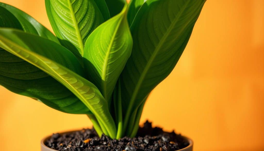 A vibrant, well-lit close-up shot of a lush, healthy Zamioculcas plant against a softly blurred, warm-toned background. The plant's thick, glossy green leaves are prominently featured, capturing intricate details like the vein patterns and subtle textures. The soil around the base is dark and moist, hinting at the plant's optimal care and nutrition. Soft, directional lighting from the side casts dynamic shadows, accentuating the plant's sculptural form. The overall composition is balanced and visually appealing, conveying a sense of vitality and the ideal care required for this resilient species.