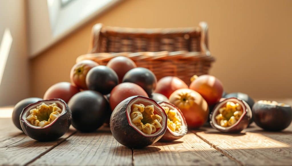 A vibrant, well-lit still life scene capturing the essence of purchasing and storing passion fruits. In the foreground, an assortment of ripe, colorful passion fruits are displayed on a rustic wooden surface, their distinctive shapes and patterns accentuated by soft, natural lighting from a window or skylight. The middle ground features a wicker basket or crate, hinting at the transportation and storage of these exotic fruits. In the background, a neutral, warm-toned backdrop, perhaps a plain wall or a textured surface, creates a sense of depth and focus on the central subject. The overall composition emphasizes the beauty, texture, and tactile nature of the passion fruits, inviting the viewer to imagine the experience of selecting and preserving these unique and flavorful tropical delights.