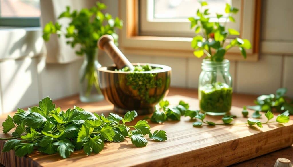 A warm, rustic kitchen counter scene, bathed in soft, natural light. In the foreground, a wooden board showcases freshly foraged Bärlauch leaves, their bright green hues vibrant against the earthy tones. Beside them, a mortar and pestle grinds the fragrant leaves into a vibrant Bärlauch pesto, the emerald-colored paste slowly forming. In the middle ground, a glass jar awaits, ready to be filled with the homemade pesto for preservation. The background features a windowsill, where additional Bärlauch sprigs sit in a vase, their delicate leaves catching the sunlight. The overall mood is one of homespun culinary craft, highlighting the versatility of this seasonal, foraged ingredient.
