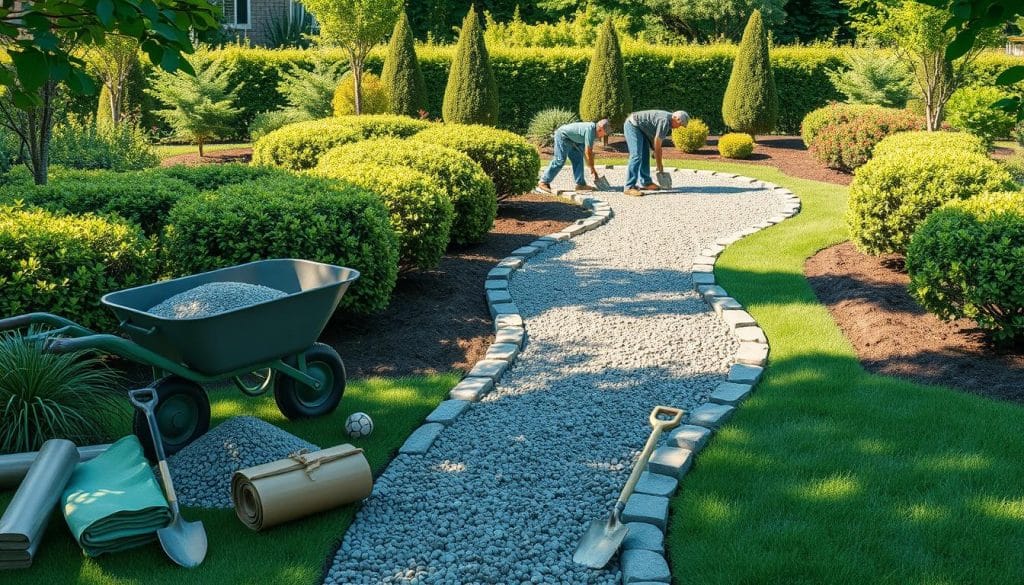 A well-lit, detailed step-by-step illustration of a professional-grade gravel pathway installation. The foreground showcases various landscaping tools and materials - a wheelbarrow, shovels, gravel, landscape fabric, edging stones. The middle ground depicts the pathway construction process, with workers digging, tamping, and spreading gravel over a leveled base. The background features a lush, verdant garden setting, with strategically placed shrubs and trees framing the scene. The lighting is natural and directional, creating dimensional shadows that accentuate the textures and contours of the pathway and surrounding elements. The overall mood is one of methodical, expert craftsmanship, reflecting the skill and care required to create a professional-looking gravel walkway.
