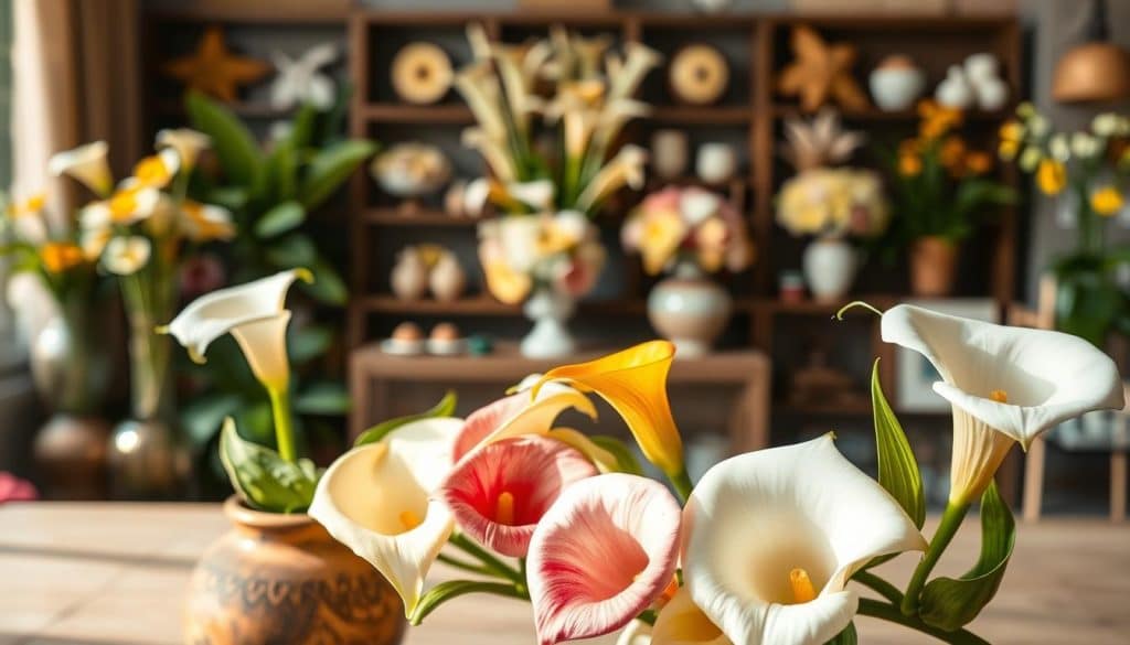 A well-lit, detailed still-life image showcasing the diverse uses of Zantedeschia, also known as Calla lily. In the foreground, an assortment of Zantedeschia flowers in vibrant shades of white, yellow, and pink, artfully arranged in a rustic ceramic vase. In the middle ground, various Zantedeschia-based products such as bouquets, centerpieces, and potted plants. In the background, a soft, blurred scene depicting Zantedeschia incorporated into interior design elements like vases, tablescapes, and floral arrangements. The lighting is warm and natural, highlighting the smooth, waxy texture and elegant shapes of the Zantedeschia blooms. The overall composition conveys the versatility and beauty of this versatile plant.