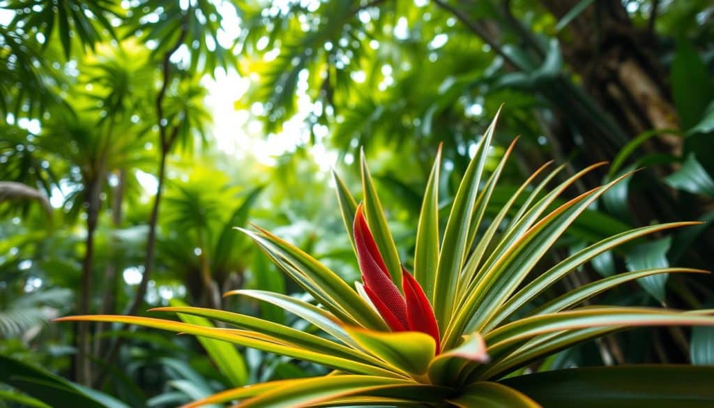 A well-lit, meticulously composed photograph of a Vriesea bromeliad plant in its natural habitat. The foreground features the plant's striking rosette of sword-shaped, green leaves with vibrant, crimson bracts at the center. The middle ground reveals the plant's graceful form and textured foliage, while the background showcases a lush, tropical environment with dappled sunlight filtering through the canopy of verdant, rustling leaves. The lighting is soft and diffused, creating a warm, inviting atmosphere that highlights the Vriesea's beauty and delicate structure. The camera angle is slightly elevated, providing an immersive, eye-level perspective that draws the viewer into the scene.