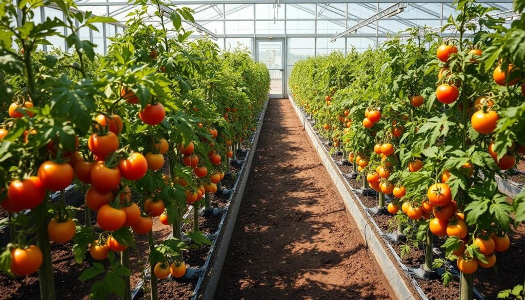 A well-lit, spacious greenhouse interior with rows of lush, healthy tomato plants thriving in rich, dark soil. The plants are at various stages of growth, some bearing clusters of ripe, juicy tomatoes in shades of red and orange. Sunlight streams in through large, sparkling-clean glass panels, casting a warm, natural glow throughout the space. The air is filled with the earthy, verdant scent of the plants. The layout is orderly and efficient, with ample pathways between the rows for easy access and maintenance. An overall sense of productivity, abundance, and the ideal conditions for cultivating tomatoes in a controlled greenhouse environment.
