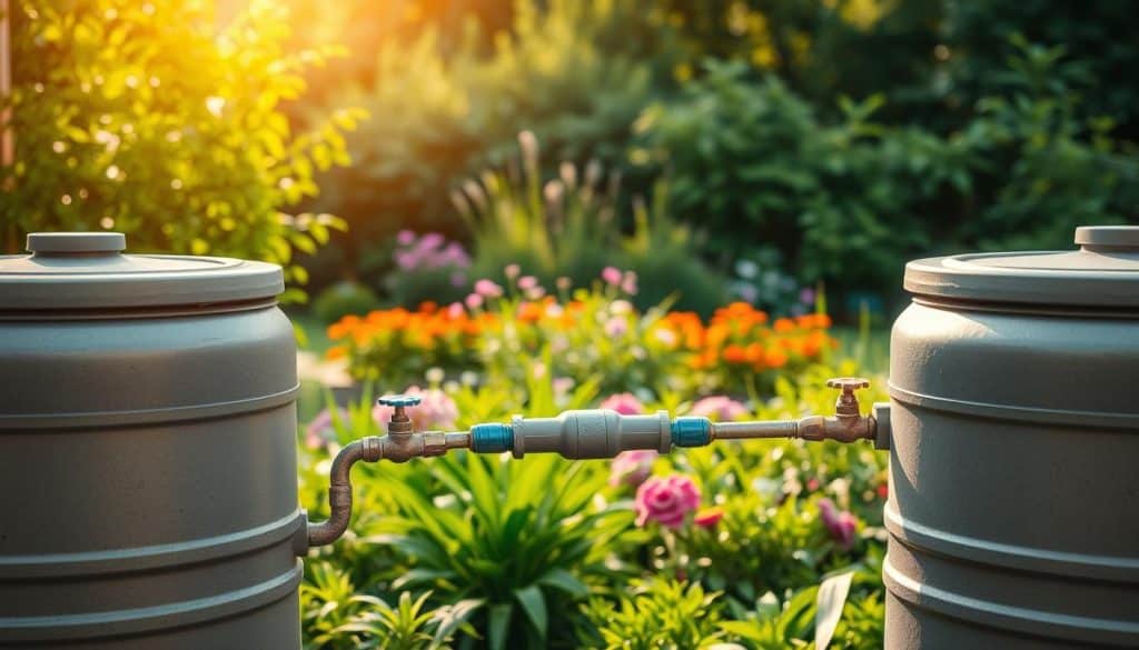 A well-organized scene depicting the connection of two or more rain barrels (Regentonnen) in a lush garden setting. The foreground shows the rain barrels, their spigots and hoses, seamlessly linked together. The middle ground features thriving greenery and flower beds, creating a vibrant, natural backdrop. Warm, diffused sunlight filters through the scene, casting soft shadows and highlighting the textured surfaces of the rain barrels and surrounding foliage. The overall composition conveys a sense of harmony and functionality, showcasing an efficient rainwater harvesting system integrated into an aesthetically pleasing outdoor environment.