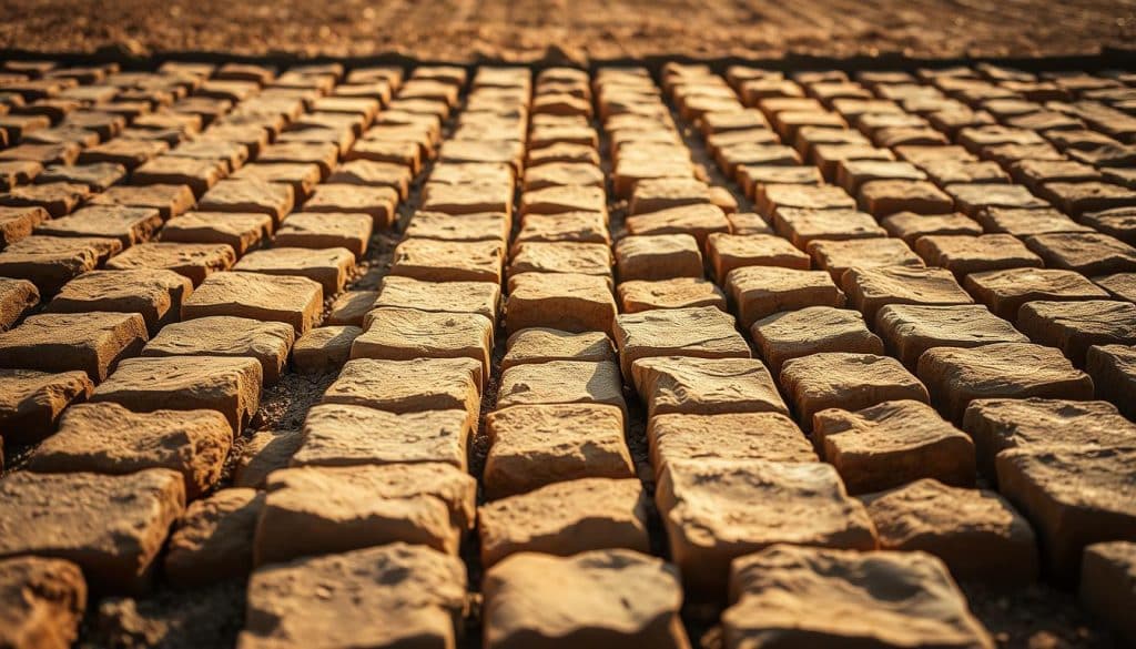 A well-prepared foundation of Fundament L-Steine, meticulously laid out in a structured grid pattern, anchored firmly in the ground. The stones are a rich, earthy brown hue, their surfaces subtly textured, casting soft shadows that define their three-dimensional form. The foreground is illuminated by warm, natural lighting, creating a sense of depth and dimension. In the middle ground, the precisely aligned L-Steine stretch out, their uniform arrangement conveying a sense of order and stability. The background fades into a softly blurred, neutral tone, allowing the focus to remain on the carefully constructed foundation, ready to support the structure above.
