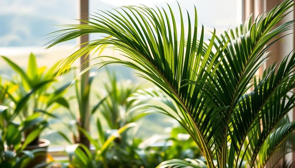 An idyllic indoor scene of a Schusterpalme (Chamaedorea seifrizii), also known as the Bamboo Palm, in a lush, verdant setting. The palm is positioned in the foreground, its graceful fronds catching the warm, soft lighting from an unseen window. The middle ground features a collection of other vibrant, tropical houseplants, their leaves gently swaying. In the background, a soothing, blurred landscape with hints of natural textures like wood or stone creates a calming, sanctuary-like atmosphere. The image conveys a sense of tranquility and the gentle care required to maintain this resilient, low-maintenance palm indoors.