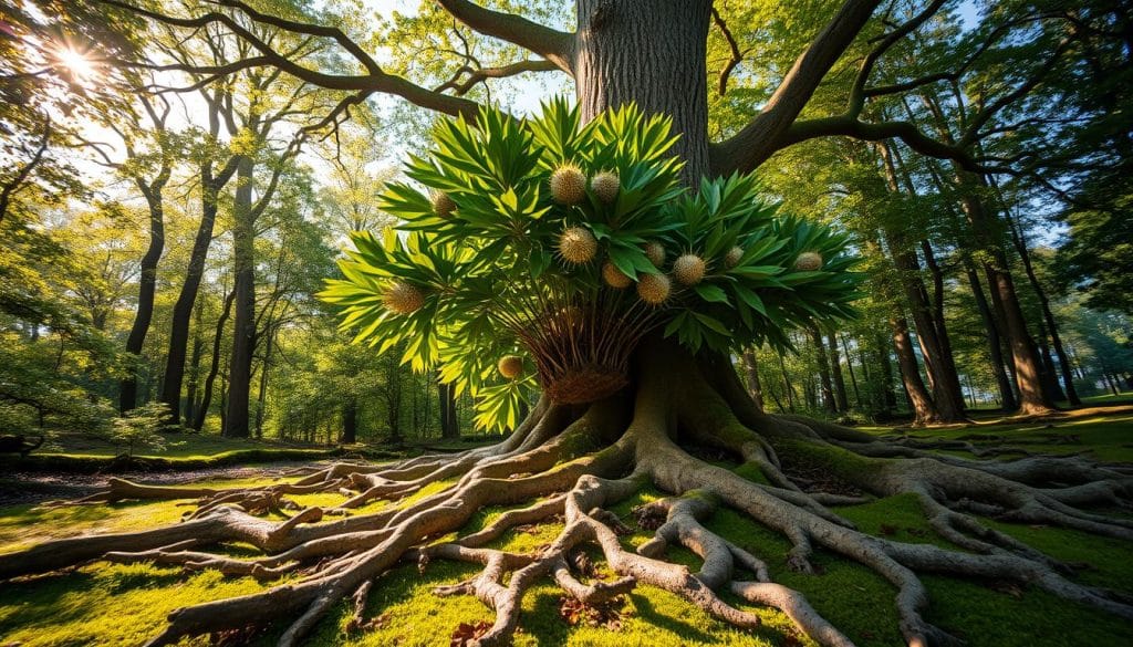 An idyllic, sun-dappled woodland clearing, with a majestic chestnut tree standing tall in the center. The dappled light filters through the lush canopy, casting a warm, golden glow across the mossy ground and the twisted, gnarled roots of the tree. In the middle, the distinctive glossy green leaves and bursting spiny seedpods of the "Glückskastanie" - or lucky chestnut - are the focal point, inviting closer inspection. The scene conveys a sense of tranquility and the preciousness of nature's bountiful gifts. Captured with a wide-angle lens to emphasize the tree's imposing presence, the image showcases the optimal growing conditions for this special variety - a partially shaded, well-drained spot in a peaceful woodland setting.