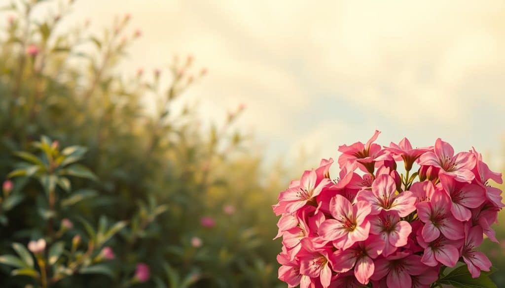 An ornate, hand-painted composition of delicate, patterned Punktblume flowers in a serene, natural setting. The foreground features a vibrant bouquet of lush, pink blossoms set against a soft, muted background of gentle green foliage. Hints of pale blue sky and wispy clouds can be seen in the distance, creating a sense of depth and atmosphere. The lighting is warm and diffused, casting a subtle glow over the scene. The overall mood is one of tranquility and artful elegance, inviting the viewer to appreciate the beauty and design potential of these captivating floral elements.
