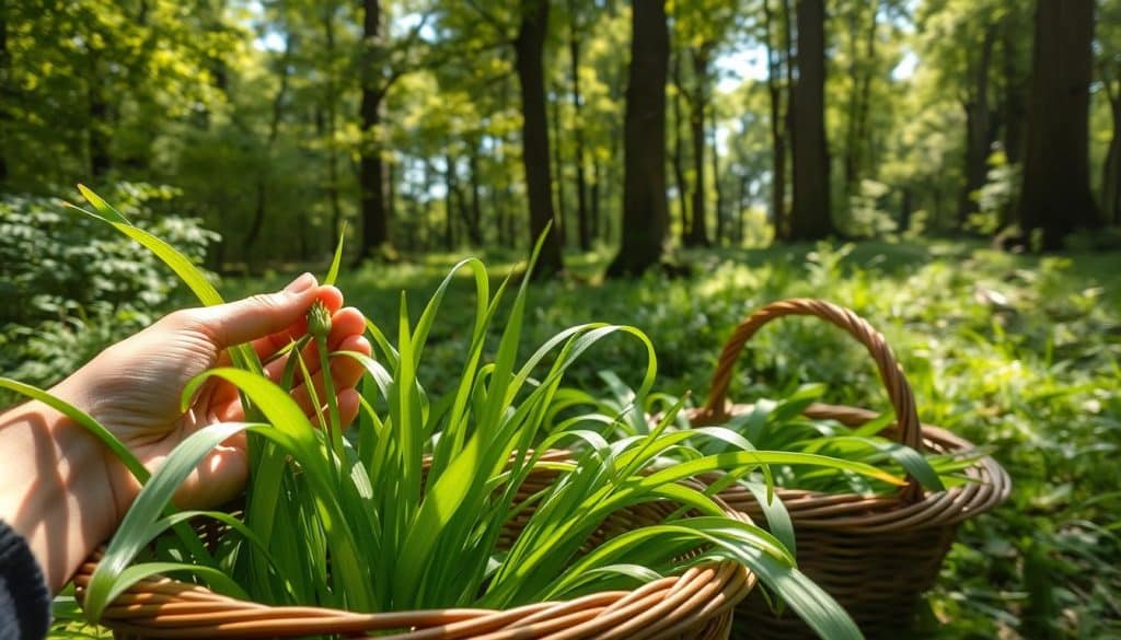 Bärlauch harvesting: A lush, verdant scene in a sun-dappled forest clearing. In the foreground, a person's hands carefully pluck the bright green leaves of the wild garlic plant, their gentle movements revealing the plant's tender shoots. The middle ground shows a basket partially filled with the freshly harvested Bärlauch, its pungent aroma filling the air. In the background, the dense, towering trees frame the scene, casting warm, soft light across the forest floor. The overall mood is one of tranquility, connection with nature, and the quiet satisfaction of a successful foraging expedition.