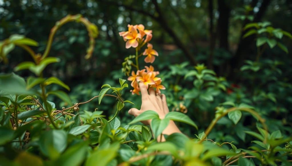 Detailed outdoor scene with a careful focus on phototoxic plant life. Lush, verdant foliage dominates the foreground, with vibrant leaves and tendrils reaching out. In the middle ground, a person's hand is cautiously approaching a cluster of vibrant blossoms, conveying a sense of both curiosity and apprehension. The background is softly blurred, creating a sense of depth and drawing the viewer's attention to the central interaction. The lighting is natural and diffused, creating a serene, almost ethereal atmosphere. Captured with a wide-angle lens to emphasize the scale and expanse of the outdoor setting.