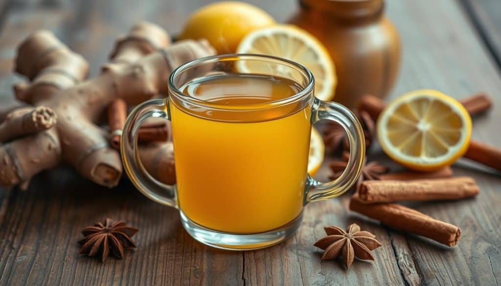 Detailed photograph of a traditional ginger tea recipe, prominently displayed on a rustic wooden table. In the foreground, a transparent glass mug filled with a vibrant golden liquid, steam gently rising. Surrounding the mug, an arrangement of fresh ginger root, lemon slices, and whole spices such as cinnamon sticks and cloves. Soft, natural lighting casts a warm, inviting glow over the scene. The composition emphasizes the simplicity and homemade quality of this soothing herbal beverage, reflecting its use as a traditional natural remedy.