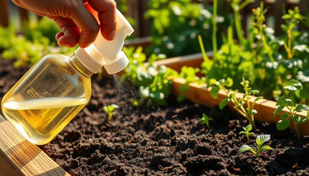Detailed scene of effective ant removal in a raised garden bed. In the foreground, a person's hand carefully applies an organic ant repellent spray to the soil, the liquid glistening in the sunlight. In the middle ground, an infestation of ants is visible, scattering as the spray takes effect. The background depicts the lush, verdant raised bed, surrounded by a wooden frame, with vegetables and herbs thriving despite the pest problem. The lighting is natural and warm, creating a serene, focused atmosphere as the task of ridding the garden of ants is methodically undertaken. The overall composition highlights the effectiveness of the organic treatment in restoring the health and productivity of the raised bed.