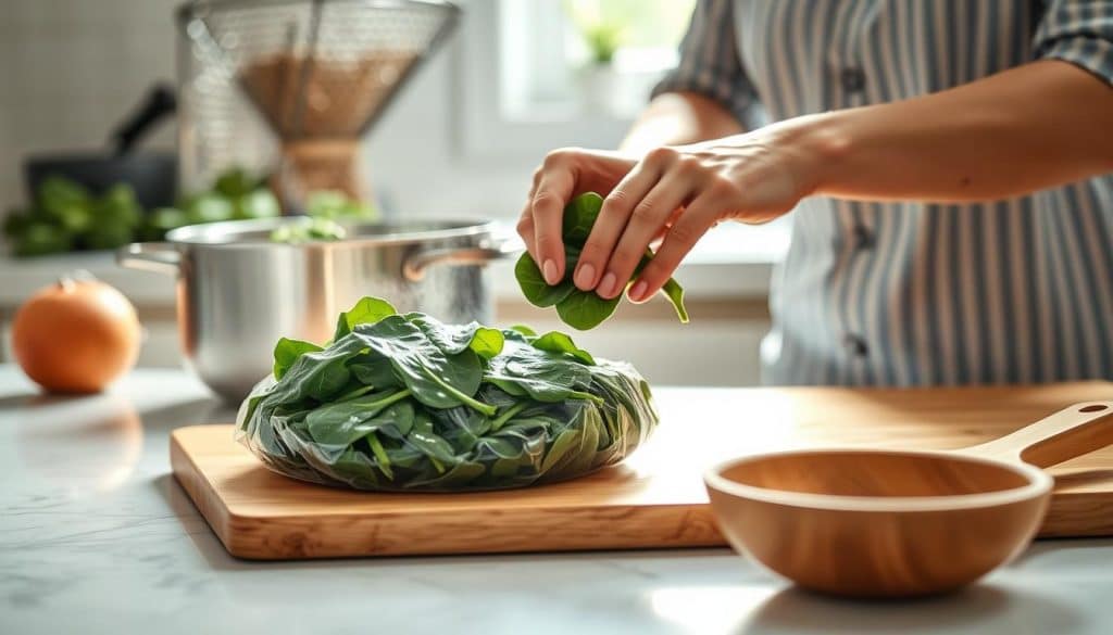 High-resolution, professional-looking image of a person carefully and safely thawing frozen spinach on a kitchen counter. The scene is well-lit by natural light coming in through a window, casting a soft, even glow over the subject. The person is using an appropriate cooking method such as gently steaming or simmering the spinach to gradually heat it up, avoiding rapid temperature changes that could damage the leaves. The image conveys a sense of care and attention to detail in the process, reflecting the importance of proper food safety when working with frozen produce. The background is simple and uncluttered, allowing the main action to be the focal point.