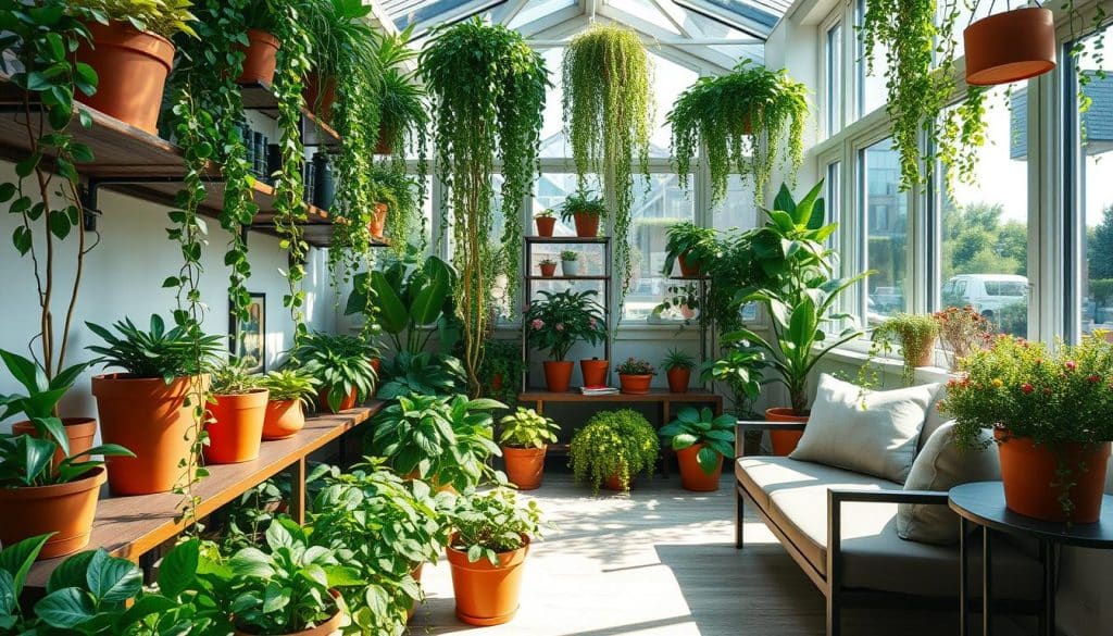 Innenraumgarten: A lush, verdant oasis in a compact, modern interior. Sunlight filters through large windows, casting a warm glow on the diverse array of thriving plants. Lush, trailing vines cascade from shelves, while compact, flowering bushes dot the scene. Terracotta pots and sleek, minimalist furniture create a harmonious, relaxing ambiance. The camera captures this scene from a low angle, emphasizing the room's vertical space and the abundance of greenery. A sense of tranquility and natural serenity pervades the image, perfectly illustrating the practical and space-saving benefits of mini-greenhouses for the home.