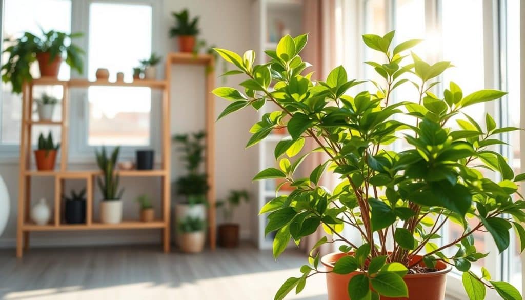 Lush indoor plant thriving in a bright, airy room. A potted Zimmeresche (Chinese privet) stands in the foreground, its glossy green leaves catching the warm, natural light filtering through large windows. The middle ground features a minimalist wooden shelving unit displaying various houseplants, while the background showcases a serene, inviting outdoor view, hinting at the plant's need for fresh air. The scene evokes a sense of tranquility and harmony, highlighting the ideal care and placement for a healthy Zimmeresche.