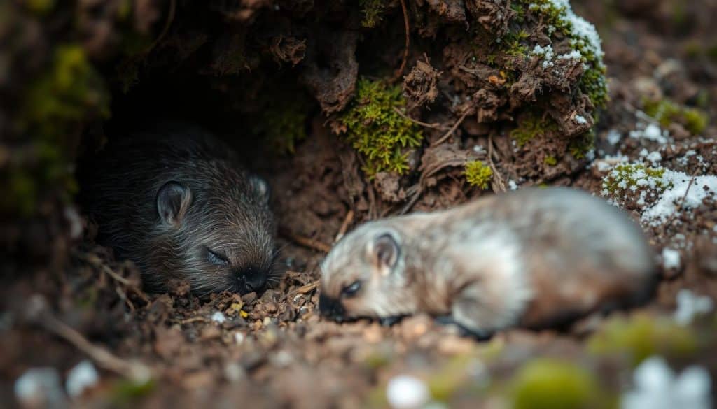 Winterschlaf vs. Winterstarre: A Mole's Hibernation Journey Close-up view of a sleeping mole, curled up in its burrow, surrounded by lush, mossy earth tones. Soft, diffused lighting filters through the soil, casting gentle shadows. In the foreground, another mole is depicted in a state of torpor, its body barely moving, blending into the natural textures of the underground environment. The composition emphasizes the contrast between the deep slumber of Winterschlaf and the dormant state of Winterstarre, capturing the mole's biological adaptations to survive the winter months. The scene conveys a sense of tranquility and the mole's resilience in the face of the harsh, unforgiving elements above ground.