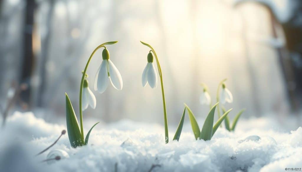 a detailed digital painting of a first aid snowdrop plant in the foreground, with soft, natural lighting illuminating the delicate white petals and green stems. The middle ground features a blurred, hazy background of a snowy woodland scene, with a few other snowdrops peeking through the undergrowth. The overall mood is serene, tranquil, and draws the viewer's attention to the medicinal snowdrop in the center. The image is captured from a slightly low angle, emphasizing the fragile beauty of the plant against the backdrop of the winter landscape.