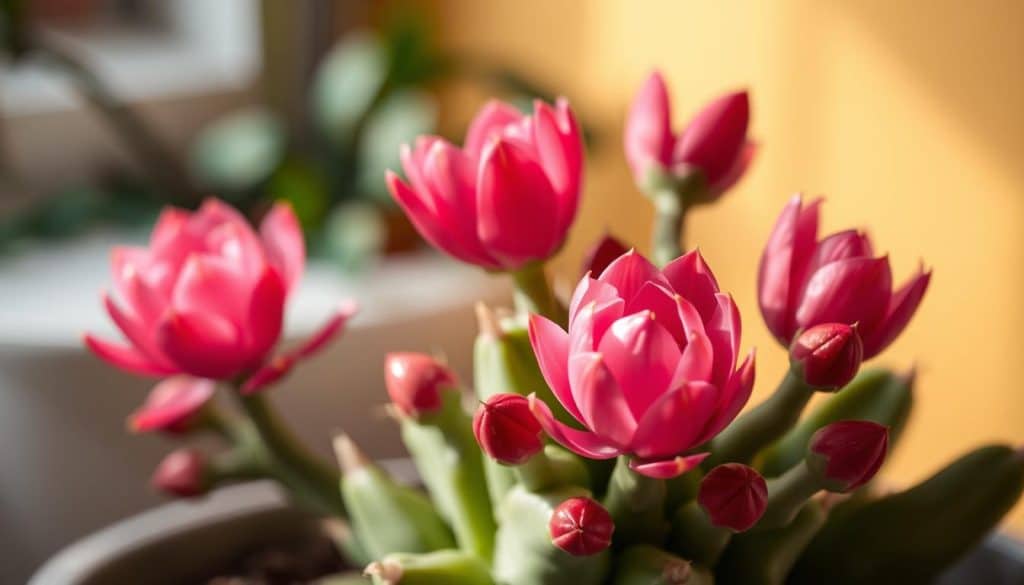 a lush, vibrant Easter cactus (Schlumbergera) in full bloom, with its iconic pink or red flowers bursting open against a softly blurred, warm-toned background. The plant's segmented, succulent stems curve gracefully, their green hues complemented by the delicate petals. Soft, diffused lighting illuminates the scene, creating a sense of peaceful tranquility. The image is captured from a slightly elevated perspective, allowing the viewer to appreciate the intricate details and natural beauty of this captivating seasonal plant. The overall mood evokes the joyful "Blütezeit" or blooming season of the Easter cactus.